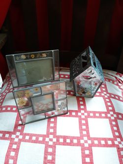 Pictures frames made of glass and pewter real flower pressed between the glass matching birdhouse can holder to go with
