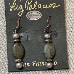 Liz Palacios Sterling Silver Drop Earrings W/Grey Oval Stones 