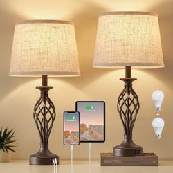 EJIAXIN Table Lamps Set of 2 Brown Spiral Cage USB