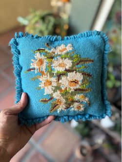 Vintage Handmade Floral Needlepoint Mini Pillow
