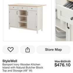 StyleWell Ivory Wooden Kitchen Island with Natural Butcher Block Top and Storage (48" W)