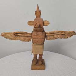 Vintage 20.5" Thunderbird Totem Hand Carved Wood with Suede Loincloth