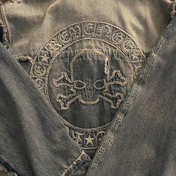 Revenge Frayed Skull Patched Denim Jacket Indigo