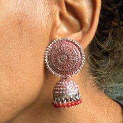 Vintage Silver Burgundy Earrings Jhumka. Royal Intricate Handcrafted Craftsmanship 2.25". Traditional Exquisite Intricate Craftsmanship.
