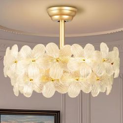 22 in. Indoor Gold Glass Flower Ceiling Fan with Light, Caged Fandelier with Remote Control, 6-Speed