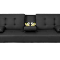 New Black Faux Leather Convertible Couch 