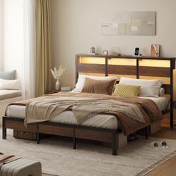 King Size Bed Frame with Storage Headboard and Charging Station,Platform Bed Frame with LED Light, Non-Slip Metal Bed Frame, Noise-Free, Easy Assembly