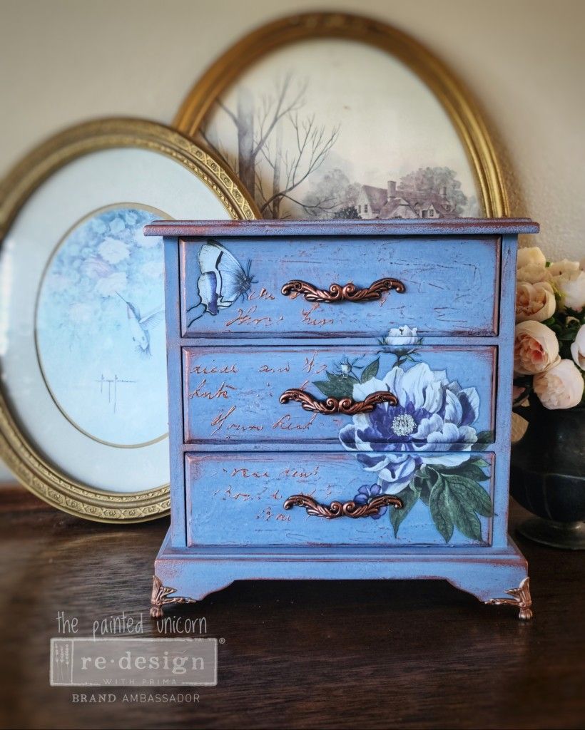 Blue And Copper Refinished Floral Jewelry Box