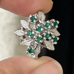Vintage Estate Sterling Silver Natural Emerald Cocktail Ring Size 7 Cluster Jewelry Signed Antique Jewelry Collectible 