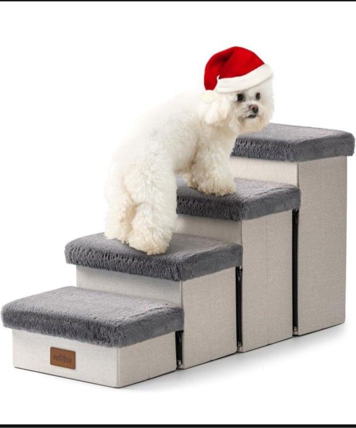 Dog Stair for Small Dogs with Storage, Foldable Pet Step with Soft Cover, Older Cat Ramp for Chair Couch Sofa