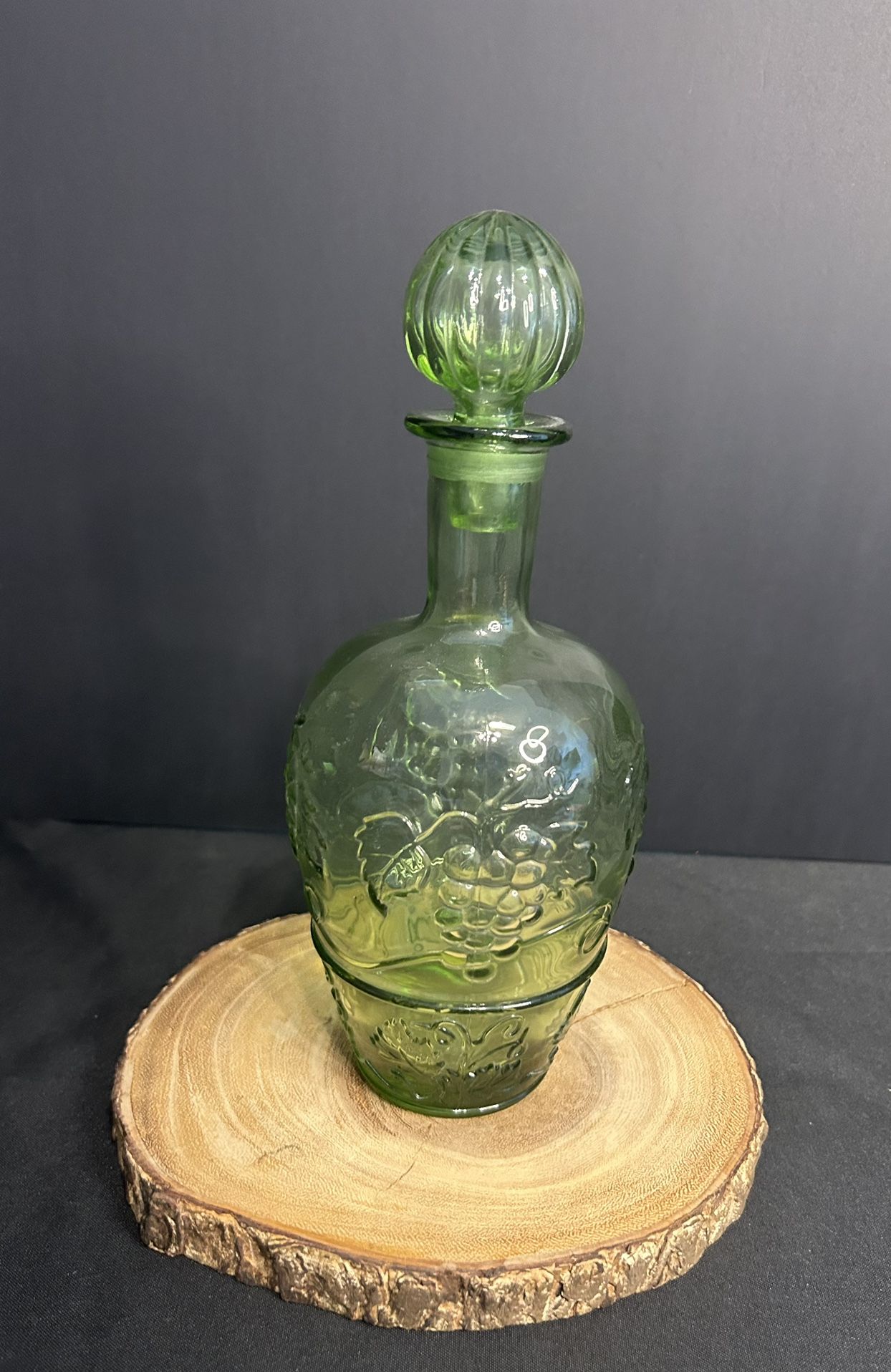 Vintage Green Glass Grape Embossed Wine Decanter