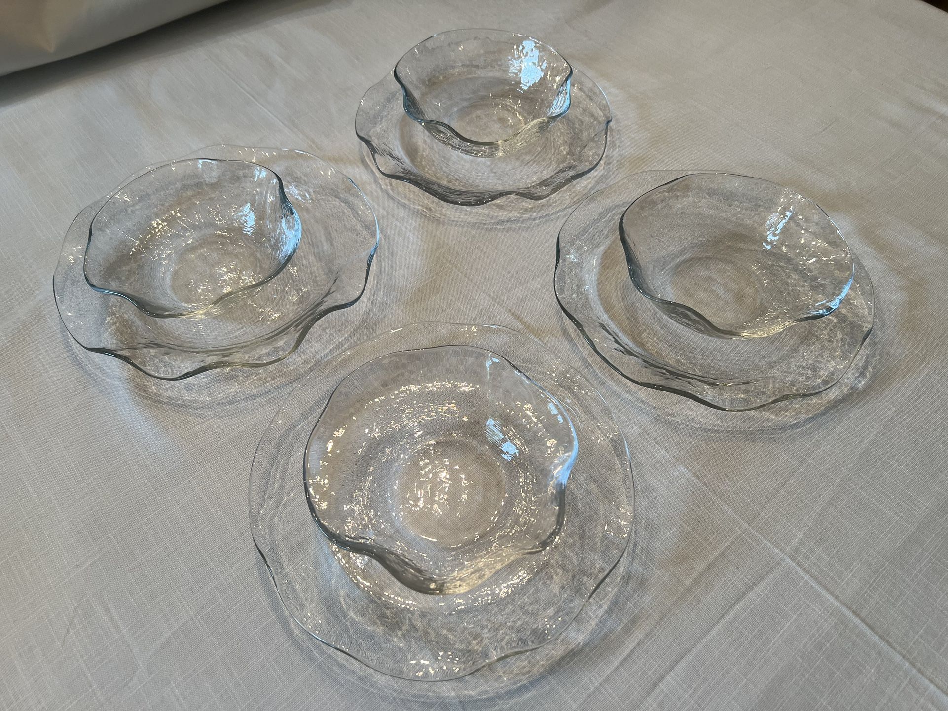 Set of FOUR Crate & Barrel glass plate (8in) and bowls (5in)