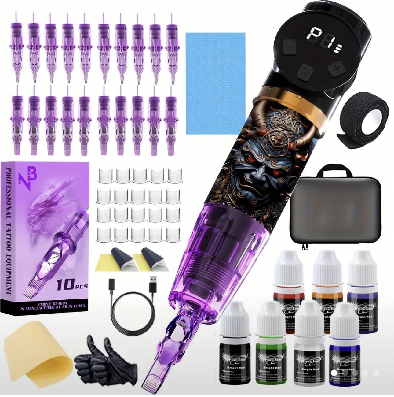 Needle Bee Wireless Tattoo Gun Kit, UV Cool Pattern Machine, Rotating Tattoo Pen Kit, Multi Functional 1500mAh Battery, Digital Screen Display, 20 Nee