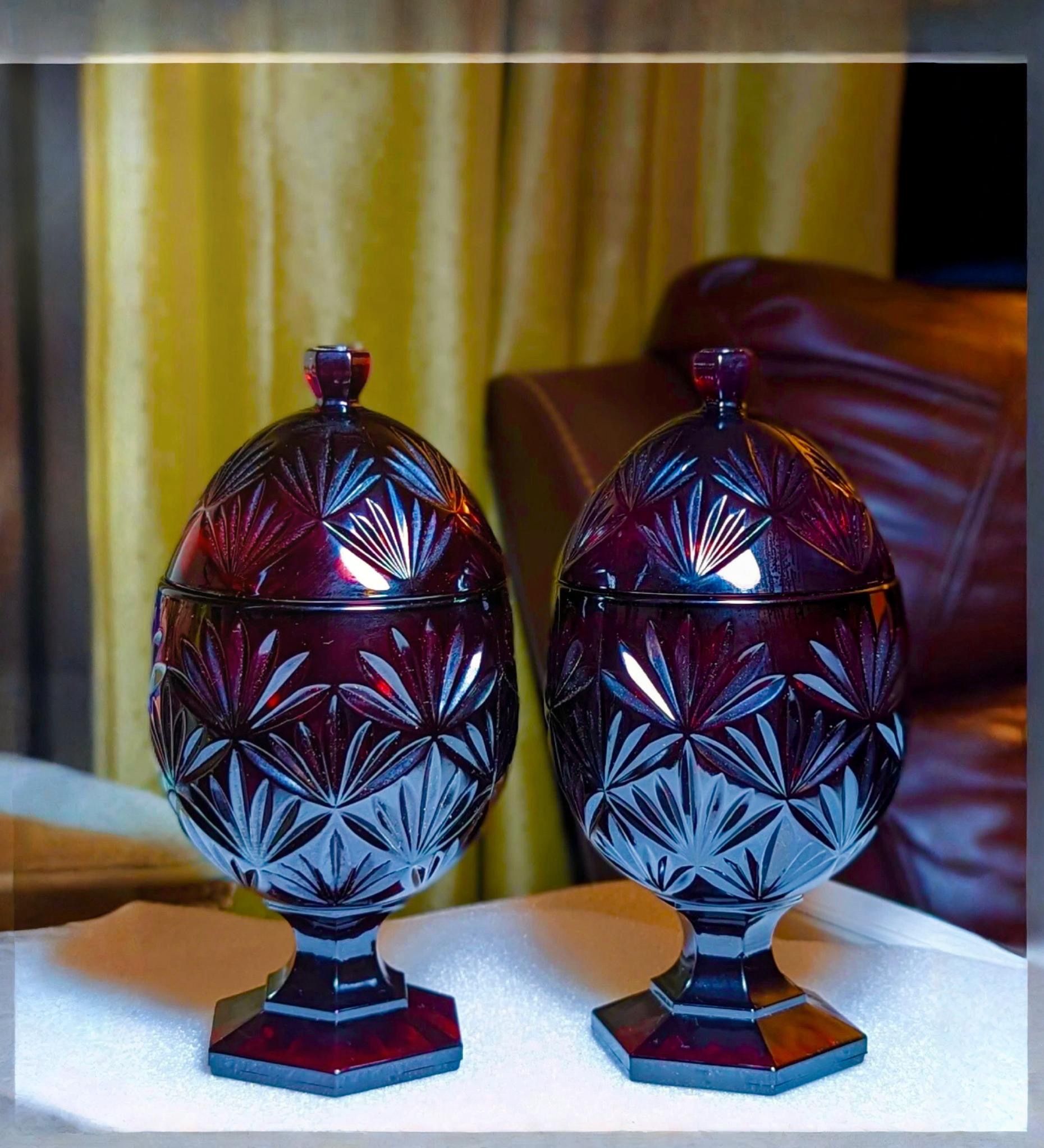 Pair Vtg Luminarc Ruby Red Cut Glass Pedestal Egg Shaped Covered Candy Dish - 9”
