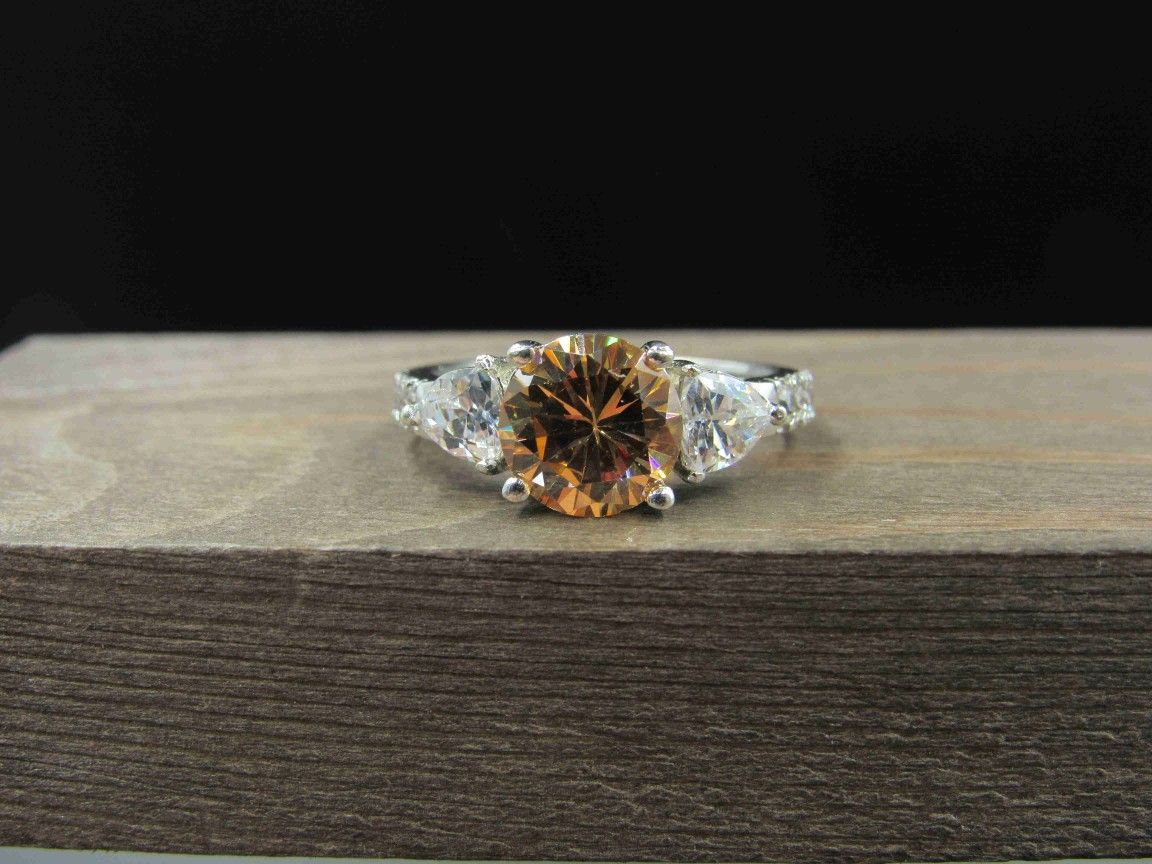 Size 9 Sterling Silver Light Brown & Clear Cubic Zirconia Stone Band Ring Vintage Statement Engagement Wedding Promise Anniversary Cocktail