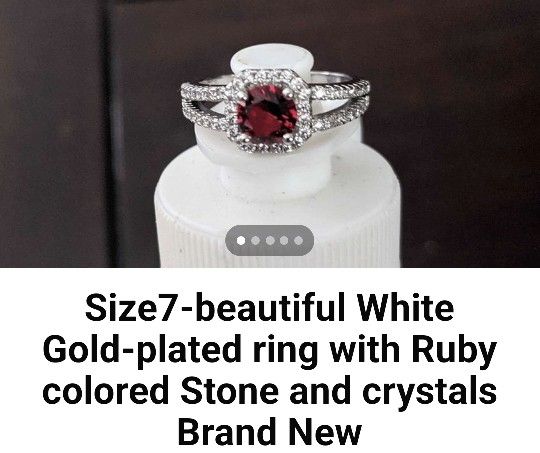 Size7-beautiful White Gold-plated ring with Ruby colored Stone and crystals Brand New