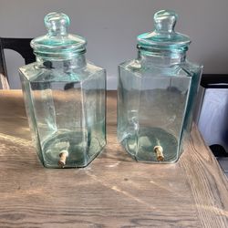 SET OF 2 VINTAGE SVE GREEN GLASS BEVERAGE DISPENSERS MADE ITALY