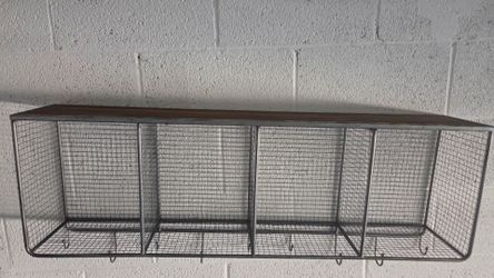 40.5" Vintage Industrial Wire Storage Rack – Wood Top + Hooks