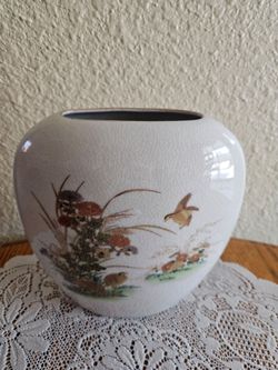 White Ceramic Asian Vase with Bird and Floral Design