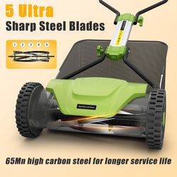 16inch Push Reel Lawn Mower 5 Blades 6 Adjustable Cutting Height Manual Reel Mower with 8-gal Grass Catcher for Garden/Yard Green
