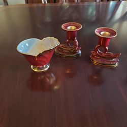 Carlton Ware Rouge Royale Handpainted Pair Candlesticks & Sugar Bowl (3 Pcs)