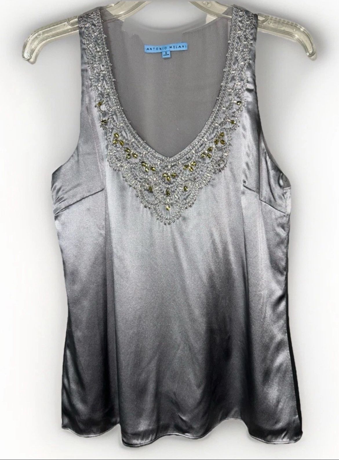 Antonio Melani Luxe Silk Embellished Silver Sleeveless Small Women’s Top $119