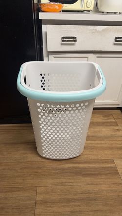 White Plastic Laundry Basket with Mint Blue Handle