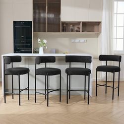Counter Height Bar Stools, 28'' Black Bar Stools Set of 4, Boucle Counter Stools with Back, Boucle Bar Stools for Kitchen Island, Dining Room