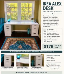 IKEA ALEX Desk with Dual 5-Drawer Units – White Home Office Desk