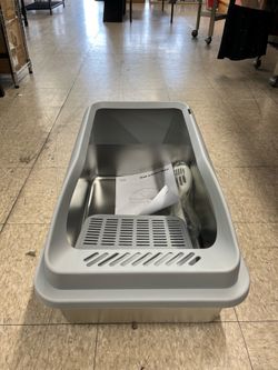 Feandrea Stainless Steel Cat Litter Box w/ Open Top High Sided Litter Tray w/ Step - Gray