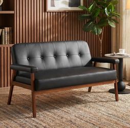 50 Inch Wide Small Loveseat Sofa, Mid-Century Modern Black Faux Leather Couches with Solid Wood Arms, Upholstered 2-Seater Love Seat Lounge Armchair f