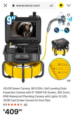 VEVOR Sewer Camera, 98 ft/30m, Self-Leveling Drain Inspection Camera with 9" 1080P HD Screen, 36X Zoom, IP68 Waterproof Plumbing Camera with Lights-12