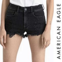 AMERICAN EAGLE Black Eyelet Lace Raw Hem Super Super Stretch X Hi-Rise Shorts