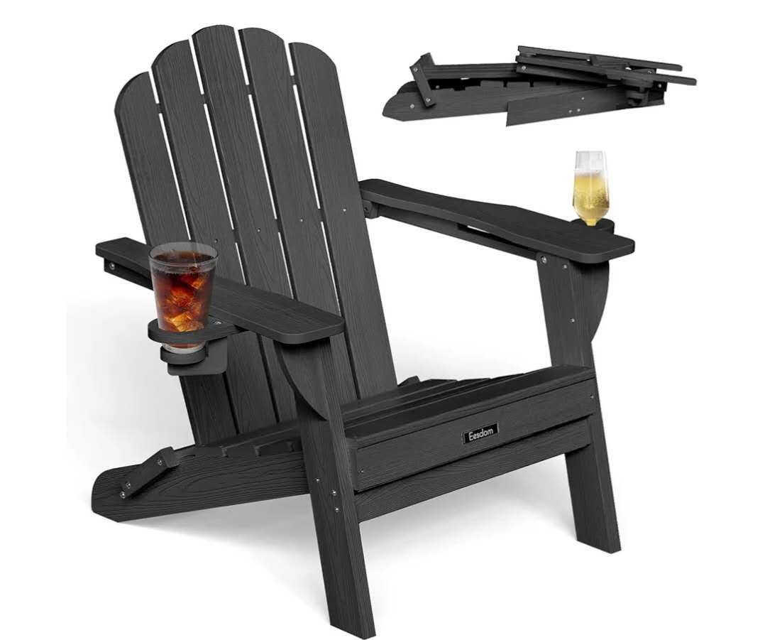 Folding Adirondack Chair, HDPE Adirondack Chair with 2 Cup Holders, Easy Assembly Outdoor Fire Pit Chairs for Patio, Garden, Poolside, Black $70