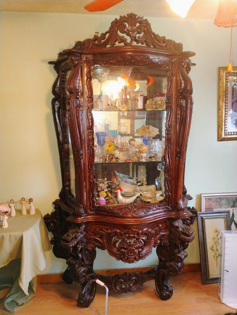 Hand Crafted Antique Wood And Glass Curio Cabinet