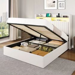 Queen Hydraulic Lift Storage Bed with LED Headboard, 2-Tier Shelves & Velvet Upholstery,White