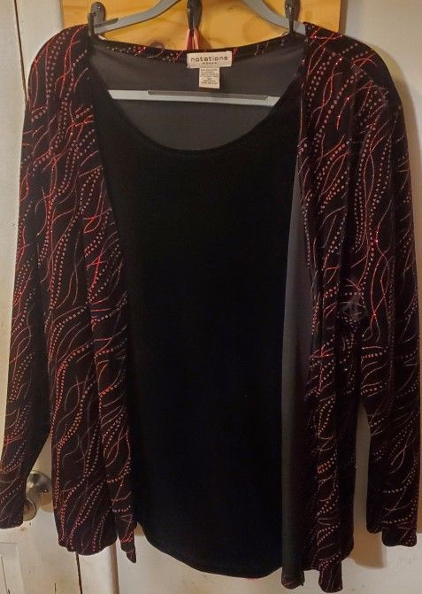 Notations Velvet Layered Look Cardigan Top Black Embellished 3X