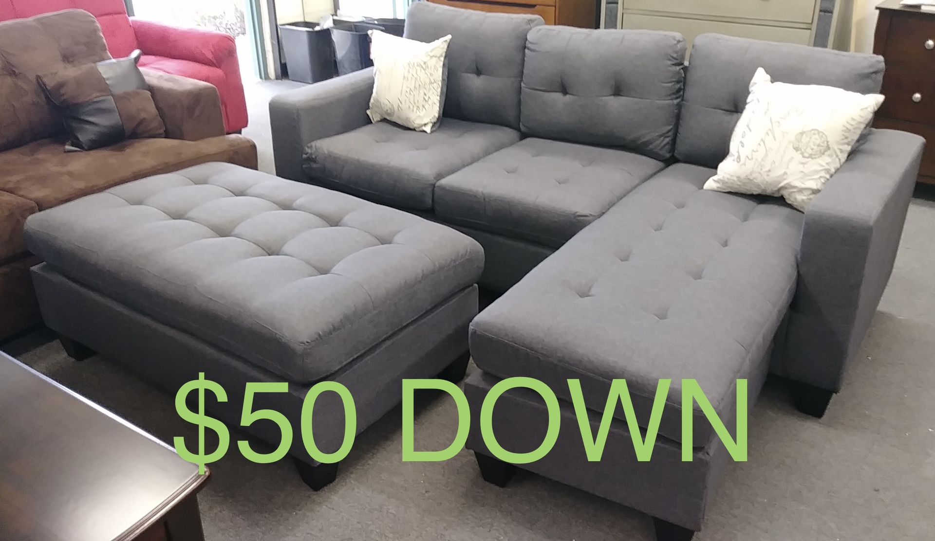 (100 Day Finance & Free Delivery) New Grey Compact Set w/ Ottoman