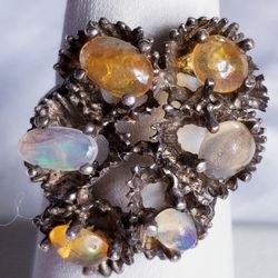 Large multi colored genuine gem stones and opals in silver setting, size