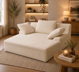 Oversized Cream Corduroy Chaise Lounge Sofa – Deep Seat with Pillows