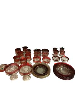 37 Piece Set Kings Crown & Ruby Flashed Thumbprint Lunch Plates & Glasses & Bowl