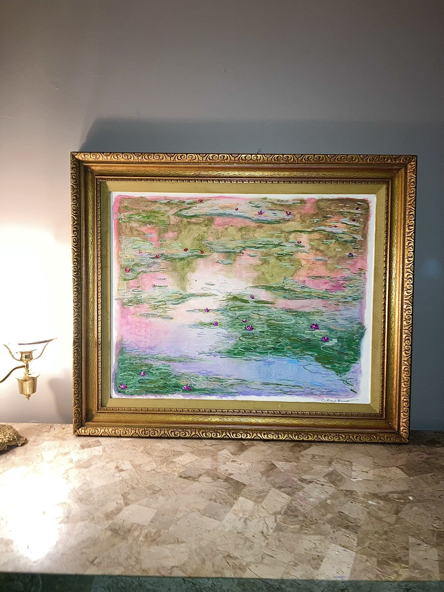 Monte Inspired Lilly Pond Garden In Gold Vintage Gilt Gesso Wooden Frame Dated Back To 1950