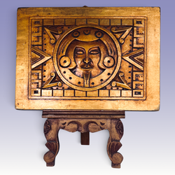 Aztec Tonatiuh Sun God Wood Carved Plaque With Carved Wood Stand