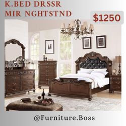 King Size Bed, Dresser, Mirror, Nightstand - Mattress Sold Separately 
