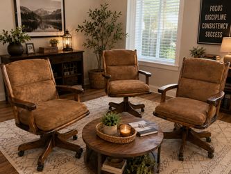 Set of 3 Wood Caster Chairs with Brown Cushions