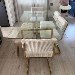 Cream And Gold Luxury Glass Dining Set For 6