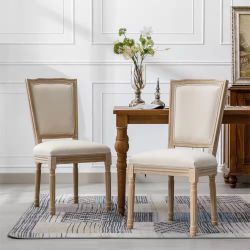 Cream French Style Solid Wood Frame Linen Fabric Square Back Dining Chair Set of 2