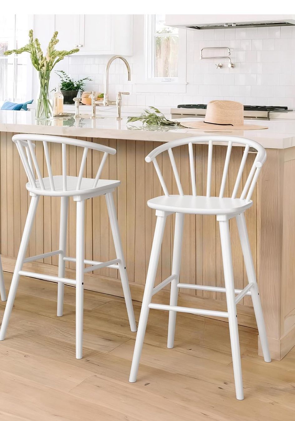 LUE BONA Wood Bar Stools with Semicircular Backrest, White Farmhouse Barstools Set of 2, Modern Counter Height Bar Stools for Kitchen Island Pub, 30 I