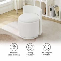 Vanity Chair with Storage, 360° Swivel Makeup Chair with Wave Back, No Assembly Small Accent Stool for Bedroom, Dressing, Living Room, White
