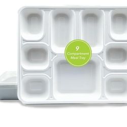 Tree leaf 9  COMPARTMENT MEAL TRAY WITH LID SET, 200 SETS. Heavy-Duty- Super Strong- Natural- Eco-Friendly Disposable Bagasse Tray with Plates, 100% B